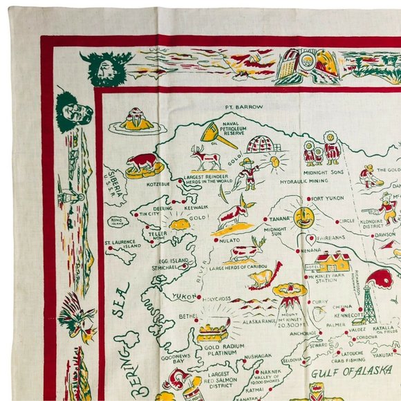 Vintage Alaska State Tablecloth Map Souvenir Square 50" x 50" Kitchen Table - Picture 2 of 11